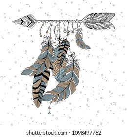 Hand Drawn boho style of decorative arrow with feathers.