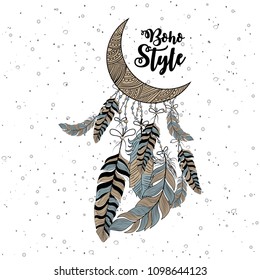 Hand Drawn boho style in decorative circle with feathers.