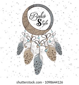 Hand Drawn boho style in decorative circle with feathers.