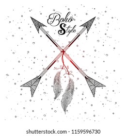 Hand Drawn boho style of decorative arrow with feathers