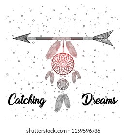 Hand Drawn boho style of decorative arrow with feathers