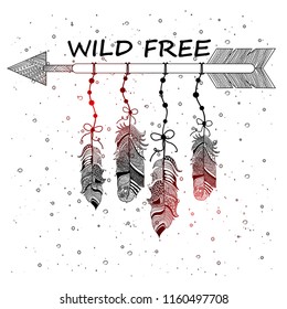 Hand Drawn boho style of decorative arrow with feathers
