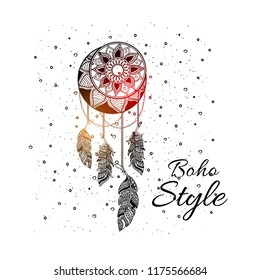 Hand Drawn boho style in decorative circle with feathers.