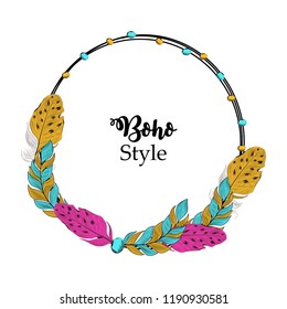 Hand Drawn boho style in decorative circle with feathers.