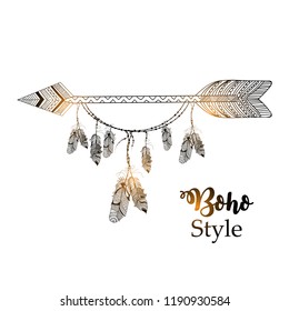 Hand Drawn boho style in decorative circle with feathers.