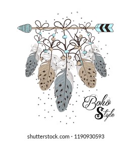 Hand Drawn boho style in decorative circle with feathers.