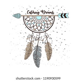 Hand Drawn boho style in decorative circle with feathers.