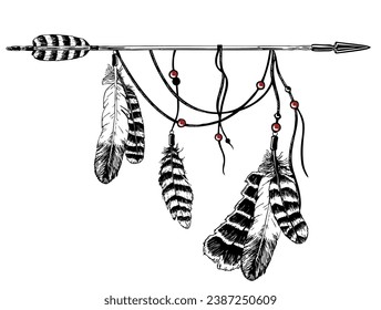 Hand drawn boho style design, arrow and feathers. Fashion decoration for t-shirt or tattoo. Ethnic Style. Dream Catcher