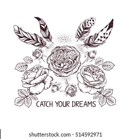 Hand drawn boho style design with rose flower, arrow and feathers. Hippie fashion decoration for t-shirt or tattoo. Ethnic Style with motivate Slogan and Quote .