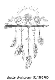Hand drawn boho style design with rose flower, arrow and feathers. Hippie fashion decoration for t-shirt or tattoo.