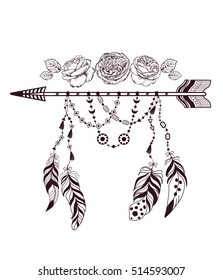 Hand drawn boho style design with rose flower, arrow and feathers. Hippie fashion decoration for t-shirt or tattoo.