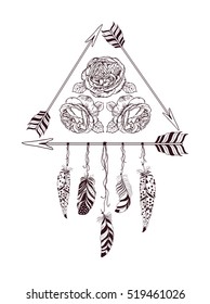 Hand drawn boho style design with rose flower, arrow and feathers. Hippie fashion decoration for t-shirt or tattoo.