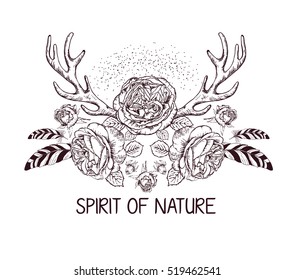 Hand drawn boho style design with rose flower, arrow and feathers. Hippie fashion decoration for t-shirt or tattoo. Ethnic Style with motivate Slogan and Quote .