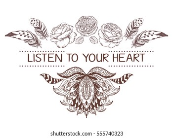 Hand drawn boho style design with lotus , rose flower, arrow and feathers. Fashion decoration for t-shirt or tattoo. Ethnic Style with motivate Slogan .