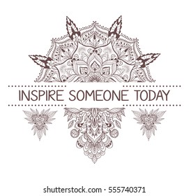 Hand drawn boho style design with mandala, arrow and feathers. Fashion decoration for t-shirt or tattoo. Ethnic Style with motivate Slogan .
