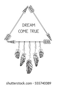 Hand drawn boho style design with arrow and feathers. Hippie fashion decoration for t-shirt or tattoo.