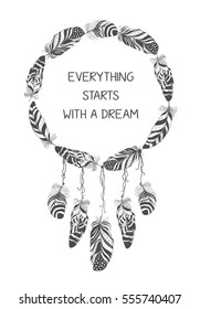 Hand drawn boho style design with arrow and feathers. Hippie fashion decoration for t-shirt or tattoo.