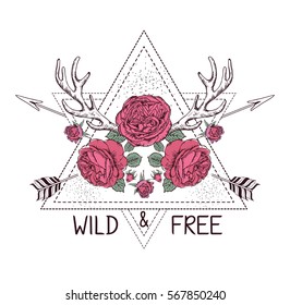 Hand Drawn Boho Style Design With Rose Flower, Arrow And Deer Antlers. Hippie Fashion Decoration For T-shirt Or Tattoo. Ethnic Style With Motivate Slogan .