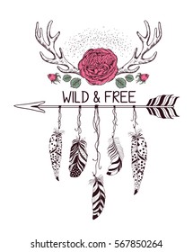 Hand drawn boho style design with rose flower, arrow and feathers. Hippie fashion decoration for t-shirt or tattoo. Ethnic Style with motivate Slogan .