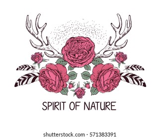 Diseño de estilo boho dibujado a mano con flor de rosa, plumas y cánticos de venado. Decoración de moda hippie para camiseta o tatuaje con cita motivacional .