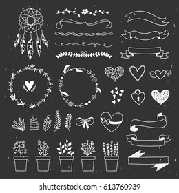 Hand drawn boho style design elements: dreamcatcher, ribbons, wreaths, florals and plants. Vintage rustic outline drawings