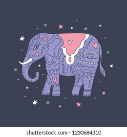 Hand drawn boho style elephant. Cosmic theme, constellation, ornamental shape. Ethnic beautiful Thai symbol. Stylish print for posters, clothes and other. Vector illustration.