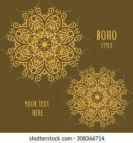 Hand drawn Boho style frame on a teal background with a place for your text. Circle Boho wreath for invitations, save the date or wedding card design. Yoga Meditation Logo Graphic. Vector illustration