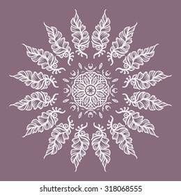Hand drawn Boho style frame ????? on a teal background with a place for your text. Circle Boho wreath for invitations, save the date or wedding card design. Yoga Meditation Logo Graphic. Vector
