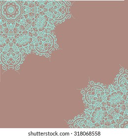 Hand drawn Boho style frame on a teal background with a place for your text. Circle Boho wreath for invitations, save the date or wedding card design. Yoga Meditation Logo Graphic. Vector illustration