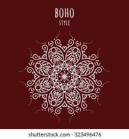 Hand drawn Boho style frame on a teal background with a place for your text. Circle Boho wreath for invitations, save the date or wedding card design. Yoga Meditation Logo Graphic. Vector illustration