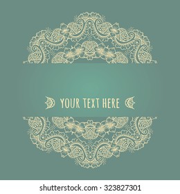 Hand drawn Boho style frame on a teal background with a place for your text. Circle Boho wreath for invitations, save the date or wedding card design. Yoga Meditation Logo Graphic. Vector illustration