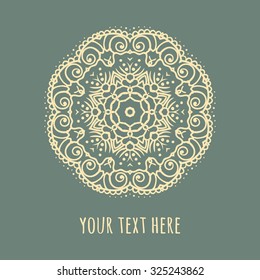 Hand drawn Boho style frame on a teal background with a place for your text. Circle Boho wreath for invitations, save the date or wedding card design. Yoga Meditation Logo Graphic. Vector illustration