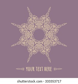 Hand drawn Boho style frame on a teal background with a place for your text. Circle Boho wreath for invitations, save the date or wedding card design. Yoga Meditation Logo Graphic. Vector illustration