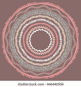 Hand drawn Boho style frame with a place for your text. Circle Boho wreath for invitations, save the date or wedding card design. Yoga Meditation Logo Graphic. Vector illustration