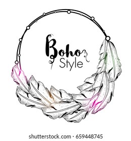 Hand drawn Boho style frame with ethnic feathers decoration.