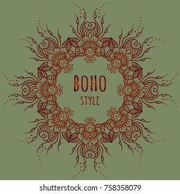 Hand drawn Boho style frame on a teal background with a place for your text. Circle Boho wreath for invitations, save the date or wedding card design. Yoga Meditation Logo Graphic. Vector illustration