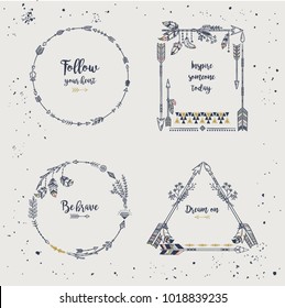 Hand drawn boho style frames with place for your text. Arrow and feather art vector illustration.