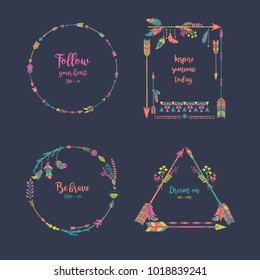 Hand drawn boho style frames with place for your text. Arrow and feather art vector illustration.