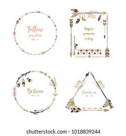 Hand drawn boho style frames with place for your text. Arrow and feather art vector illustration.