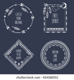 Hand drawn boho style frames with place for your text. Arrow and feather art vector illustration