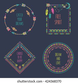 Hand drawn boho style frames with place for your text. Arrow and feather art vector illustration