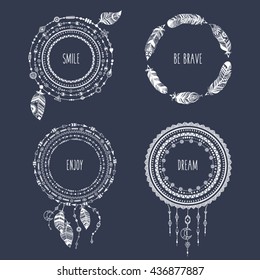 Hand drawn boho style frames with place for your text. Arrow and feather art vector illustration