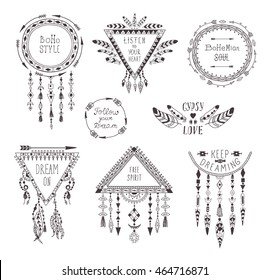 Hand Drawn Boho Style Frames and Decorations. Set of Fashion Ethnic Designs with motivate Slogan, Quotes for T-shirt, Tattoo and Card.
