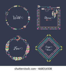 Hand drawn boho style frames with place for your text. Arrow and feather art vector illustration