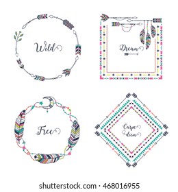 Hand drawn boho style frames with place for your text. Arrow and feather art vector illustration