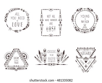 Hand Drawn Boho Style Frames and Decorations. Set of Fashion Ethnic Designs with motivate Slogan , Quotes for T-shirt, Tattoo and Card.