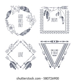 Hand drawn boho style frames with place for your text. Arrow and feather art vector illustration