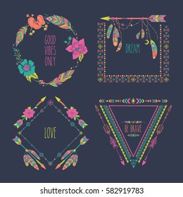 Hand drawn boho style frames with place for your text. Arrow and feather art vector illustration