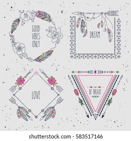 Hand drawn boho style frames with place for your text. Arrow and feather art vector illustration