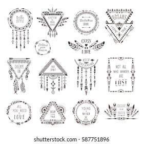 Hand Drawn Boho Style Frames and Decorations. Set of Fashion Ethnic Designs with motivate quote for T-shirt, Tattoo and Card.